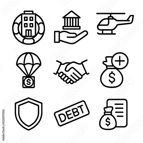 Corporate Bailout Icons. Outline icon set of corporate bailouts: lifebuoy around building, government hand, rescue helicopter,