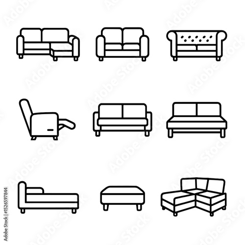 Couch Styles Icons. Outline icon set of couch styles: sectional sofa, loveseat, chesterfield, recliner, futon, sofa bed, daybed,