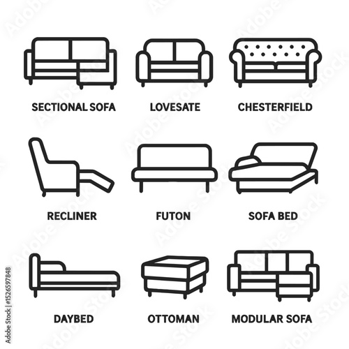 Couch Styles Icons. Outline icon set of couch styles: sectional sofa, loveseat, chesterfield, recliner, futon, sofa bed, daybed,