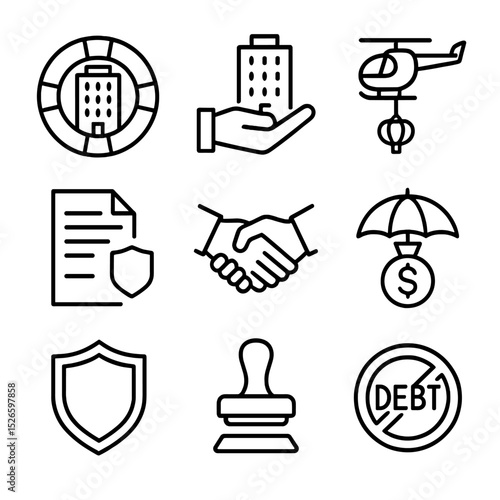Corporate Bailout Icons. Outline icon set of corporate bailouts: lifebuoy around building, government hand, rescue helicopter,