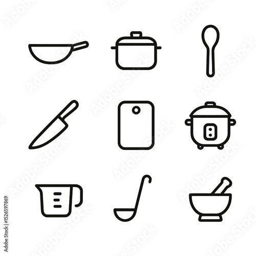Cooking Utensil Icons. Outline icon set of cooking utensils: wok pan, saucepan, wooden spoon, chef’s knife, cutting board, rice