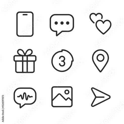 Couples Texting Icons. Outline icon set of couples texting: smartphone, typing indicator, emoji hearts, gift icon, countdown