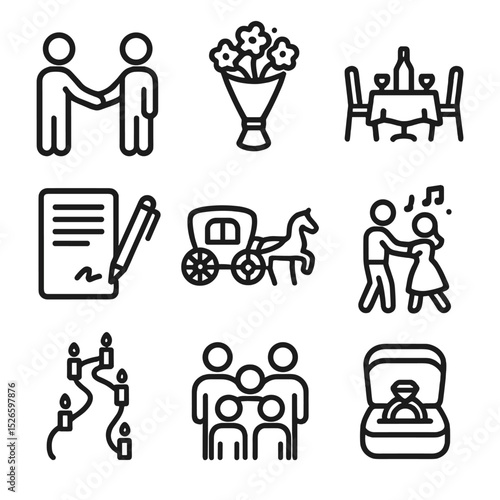 Courtship Ritual Icons. Outline icon set of in-person courtship rituals: handshake greeting, flower bouquet, dinner table,