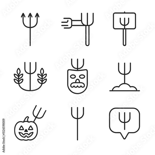 Cultural Pitchfork Icons. Outline icon set of cultural pitchfork symbols: devil’s pitchfork, scarecrow arm, protest placard,
