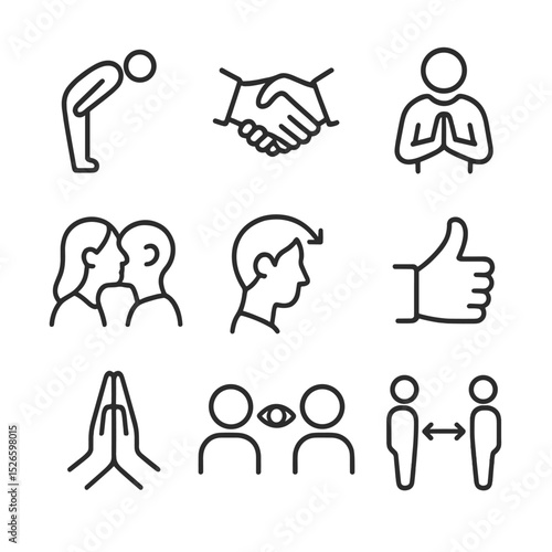 Cultural Greeting Icons. Outline icon set of cultural etiquette and greetings: bowing figure, handshake, wai gesture, cheek kiss,