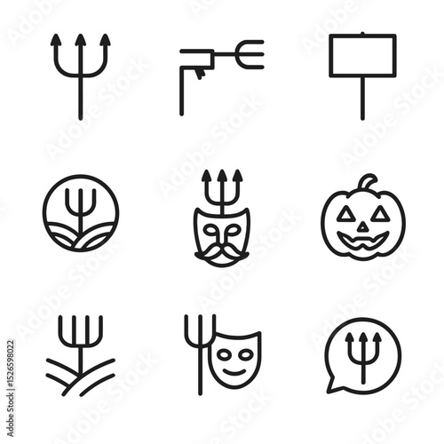 Cultural Pitchfork Icons. Outline icon set of cultural pitchfork symbols: devil’s pitchfork, scarecrow arm, protest placard,