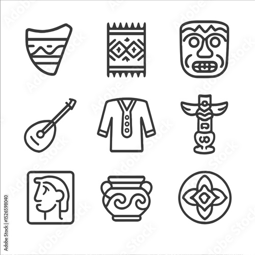 Cultural Heritage Icons. Outline icon set of cultural heritage artifacts: pottery shard, woven textile, ceremonial mask, musical
