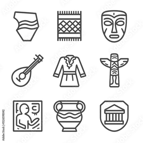 Cultural Heritage Icons. Outline icon set of cultural heritage artifacts: pottery shard, woven textile, ceremonial mask, musical