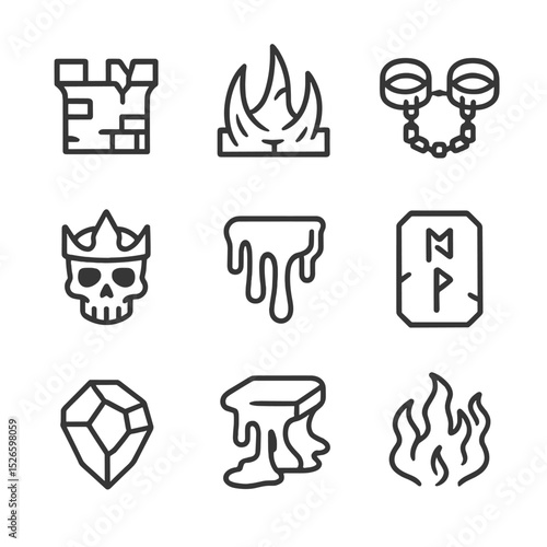 Cursed Ramparts Icons. Outline icon set of cursed ramparts: broken parapet, demon spikes, chained shackles, skeletal crown,