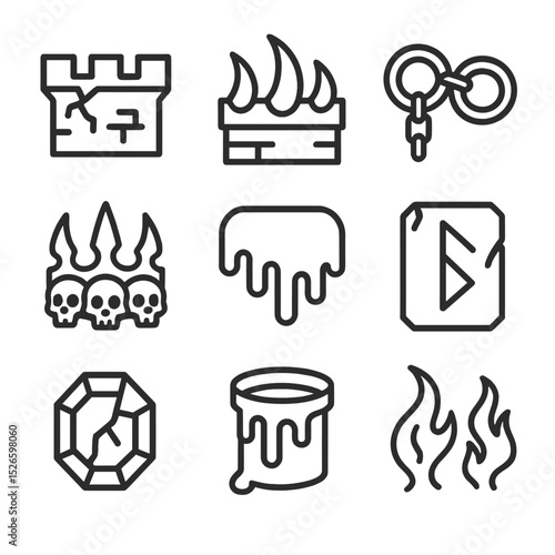 Cursed Ramparts Icons. Outline icon set of cursed ramparts: broken parapet, demon spikes, chained shackles, skeletal crown,