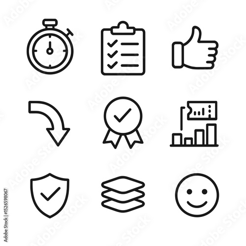 Customer Service KPI Icons. Outline icon set of customer service KPIs: response time stopwatch, resolution checklist, satisfaction