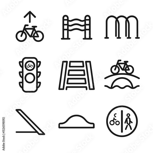 Cycling Infrastructure Icons. Outline icon set of cycling infrastructure: bike lane marking, protected bike lane barrier, bike