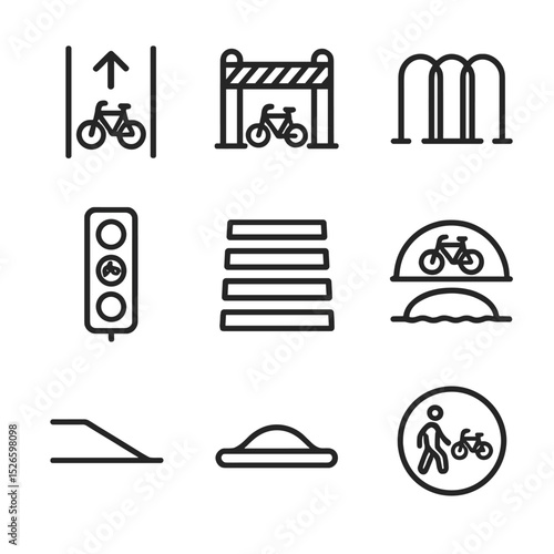 Cycling Infrastructure Icons. Outline icon set of cycling infrastructure: bike lane marking, protected bike lane barrier, bike