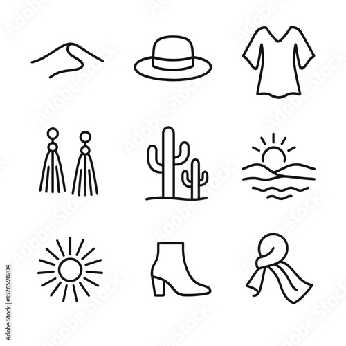 Desert Couture Icons. Outline icon set of desert couture photography: sand dune, wide-brimmed hat, flowing kaftan, tassel earrings
