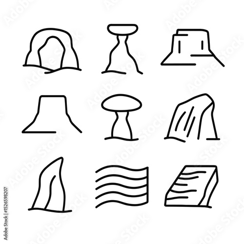 Desert Rock Icons. Outline icon set of desert rock landscapes: sandstone arch, hoodoo pillar, mesa plateau, butte silhouette, rock