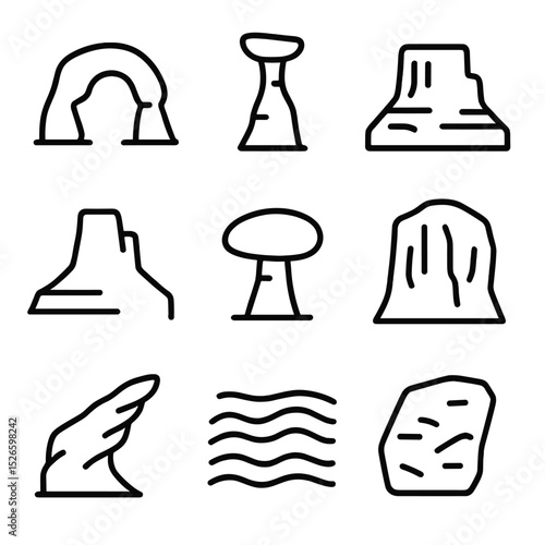 Desert Rock Icons. Outline icon set of desert rock landscapes: sandstone arch, hoodoo pillar, mesa plateau, butte silhouette, rock