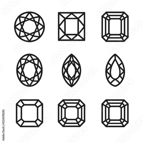 Diamond Cut Icons. Outline icon set of diamond cuts: round brilliant, princess cut, emerald cut, cushion cut, oval cut, marquise