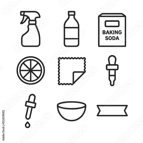 DIY Eco-Cleaner Icons. Outline icon set of DIY eco-cleaners: spray bottle, vinegar bottle, baking soda box, lemon slice,