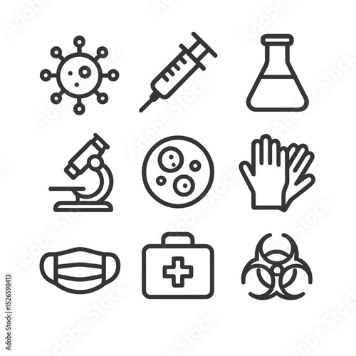 Disease Surveillance Icons. Outline icon set of disease surveillance: virus icon, syringe, lab flask, microscope, petri dish,
