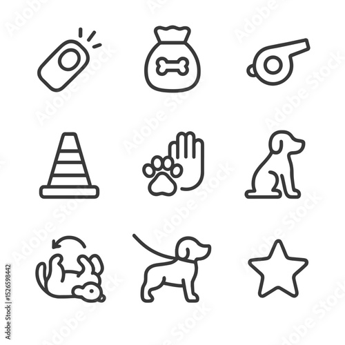 Dog Training Icons. Outline icon set of training and tricks: clicker, treat pouch, training whistle, obstacle cone, high-five paw,