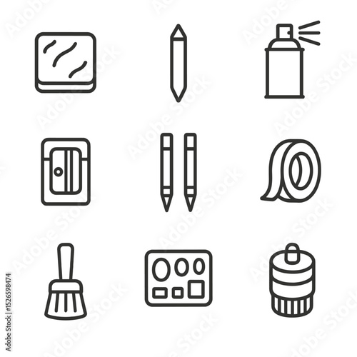 Drawing Accessories Icons. Outline icon set of drawing accessories: kneaded eraser, blending stump, fixative spray, sharpener