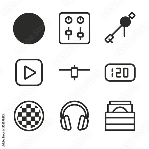 DJ Equipment Icons. Outline icon set of DJ and turntablism: vinyl record, mixer, tonearm, headphones, cue button, crossfader, BPM