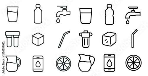 Water filtration icons set for household and industrial use