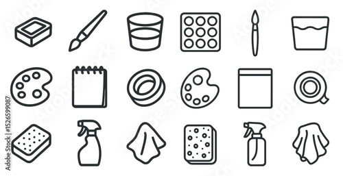 Art supplies and tools icon set for creative design projects