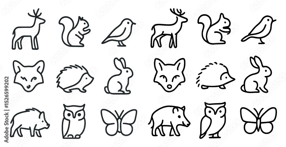 Fototapeta premium Simple animal line icons for nature and wildlife projects