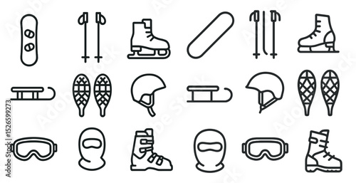 Winter sports gear icons for outdoor activity and adventure design
