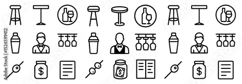 Minimalist bar icon set featuring bartender, cocktails, and lounge elements for design
