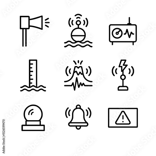 Early Warning Icons. Outline icon set of early warning systems: tornado siren, tsunami buoy, earthquake sensor, flood gauge,