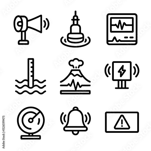 Early Warning Icons. Outline icon set of early warning systems: tornado siren, tsunami buoy, earthquake sensor, flood gauge,