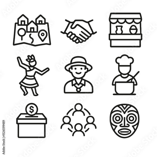 Eco Tour Icons. Outline icon set of community-based eco tours: village map, handshake, craft market stall, traditional dancer,