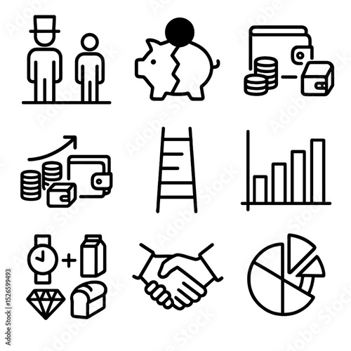 Economic Inequality Icons. Outline icon set of economic inequality: rich-poor gap, broken piggy bank, stacked coins vs empty