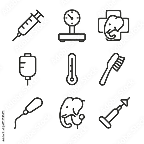 Elephant Vet Icons. Outline icon set of elephant veterinary care: syringe, weighing scale, medical cross with elephant, IV drip