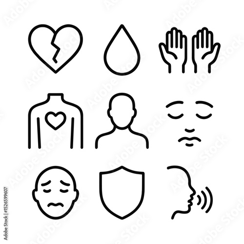 Emotional Vulnerability Icons. Outline icon set of emotional vulnerability: heart with crack, tear drop, open hands, exposed heart