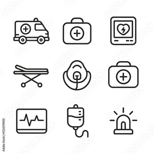 Emergency Service Icons. Outline icon set of medical emergency services: ambulance, paramedic bag, defibrillator, stretcher,