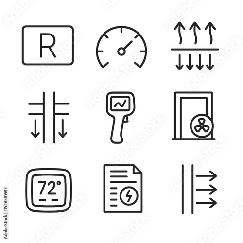 Energy Efficiency Icons. Outline icon set of energy efficiency metrics: R-value label, U-factor gauge, heat flow arrows, thermal