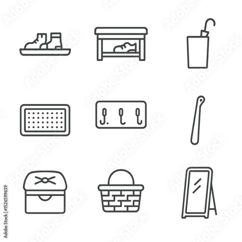 Entryway Icon Set. Outline icon set of entryway shoe storage: boot tray, shoe bench, umbrella stand, doormat, coat hook, shoe horn