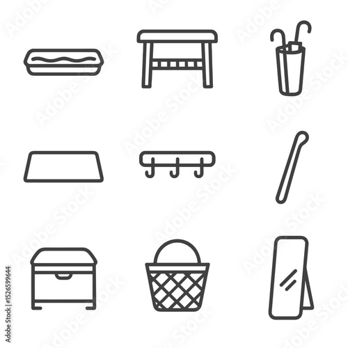 Entryway Icon Set. Outline icon set of entryway shoe storage: boot tray, shoe bench, umbrella stand, doormat, coat hook, shoe horn