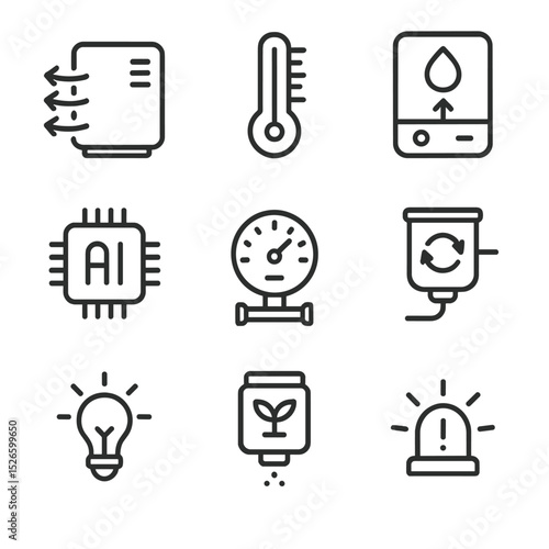 Environment Control Icons. Outline icon set of habitat environment control: air scrubber, temperature sensor, humidity regulator,