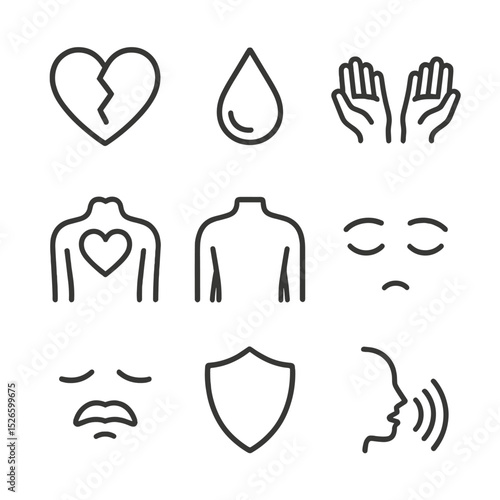Emotional Vulnerability Icons. Outline icon set of emotional vulnerability: heart with crack, tear drop, open hands, exposed heart