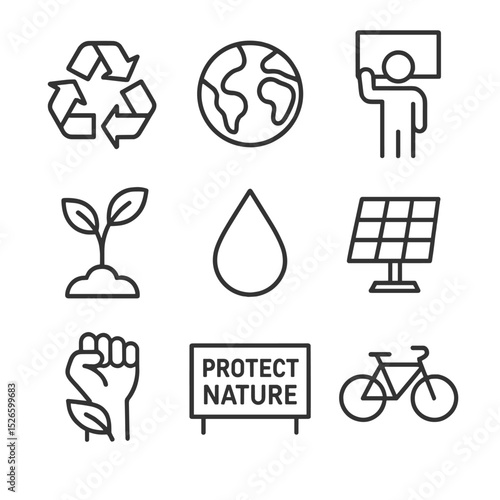 Environmental Icon Set. Outline icon set of environmental rally: recycling symbol, Earth globe, protester with sign, tree sapling,