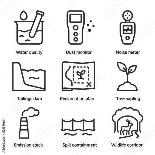 Environmental Icons Grid. Outline icon set of environmental monitoring: water quality test, dust monitor, noise meter, tailings