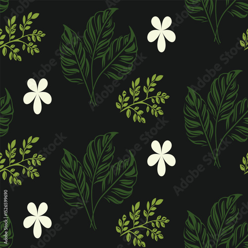 Green, white, and black seamless pattern. This tropical design combines detailed leaves with simple plumeria flowers, ideal for summer fashion and wallpaper.