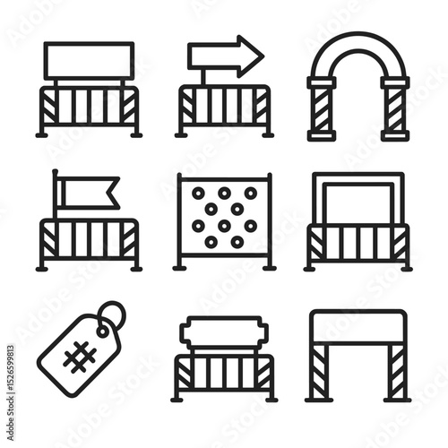Event Branding Icons. Outline icon set of event barricade branding: sponsor logo panel, directional arrow, entrance arch, ticket