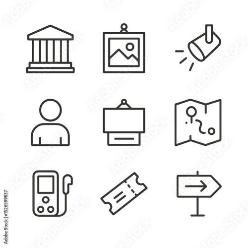 Photo Exhibition Icons. Outline icon set of international photo exhibitions: gallery building, framed photo, spotlight, visitor