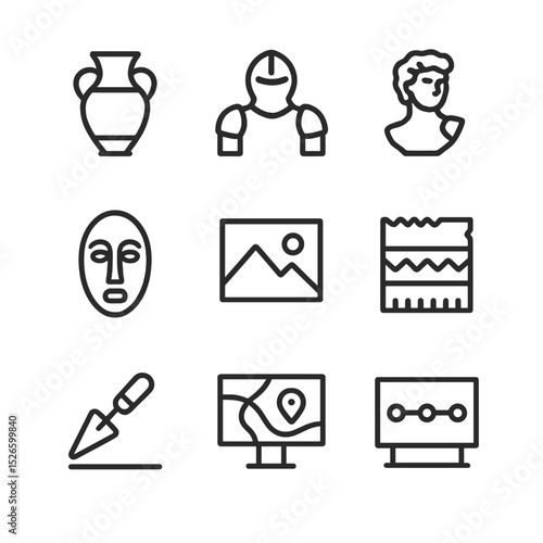 Exhibition Icon Set. Outline icon set of exhibition themes and motifs: ancient pottery, medieval armor, renaissance sculpture,