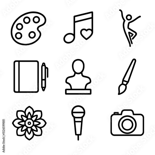 Expressive Arts Therapy Icons. Outline icon set of expressive arts therapy: paint palette, music note with heart, dance silhouette